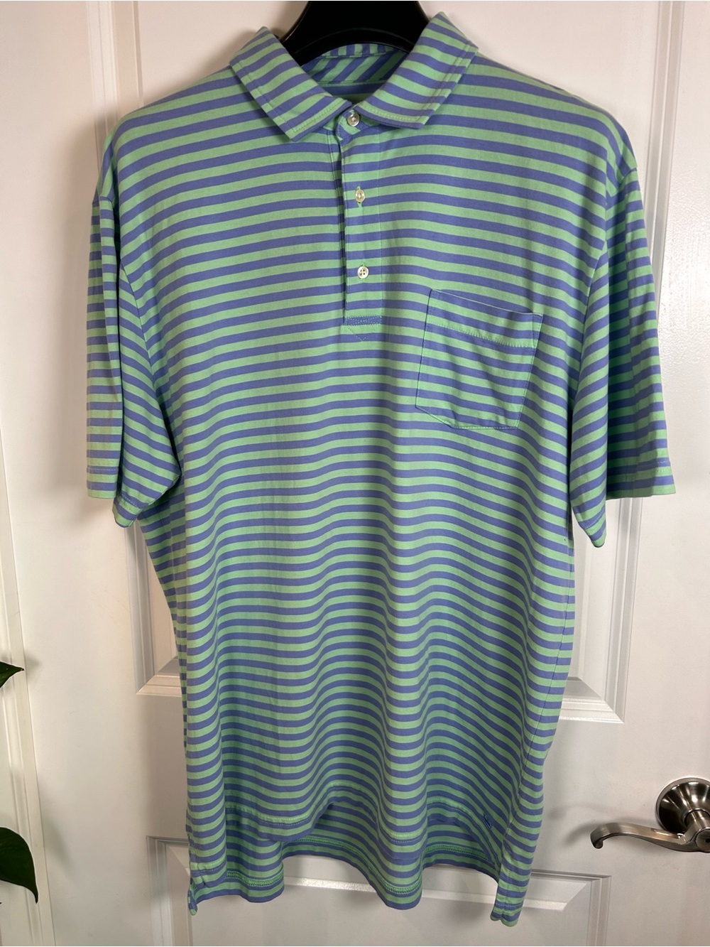 Peter Millar Seaside Wash blue and green Striped Polo Shirt Medium